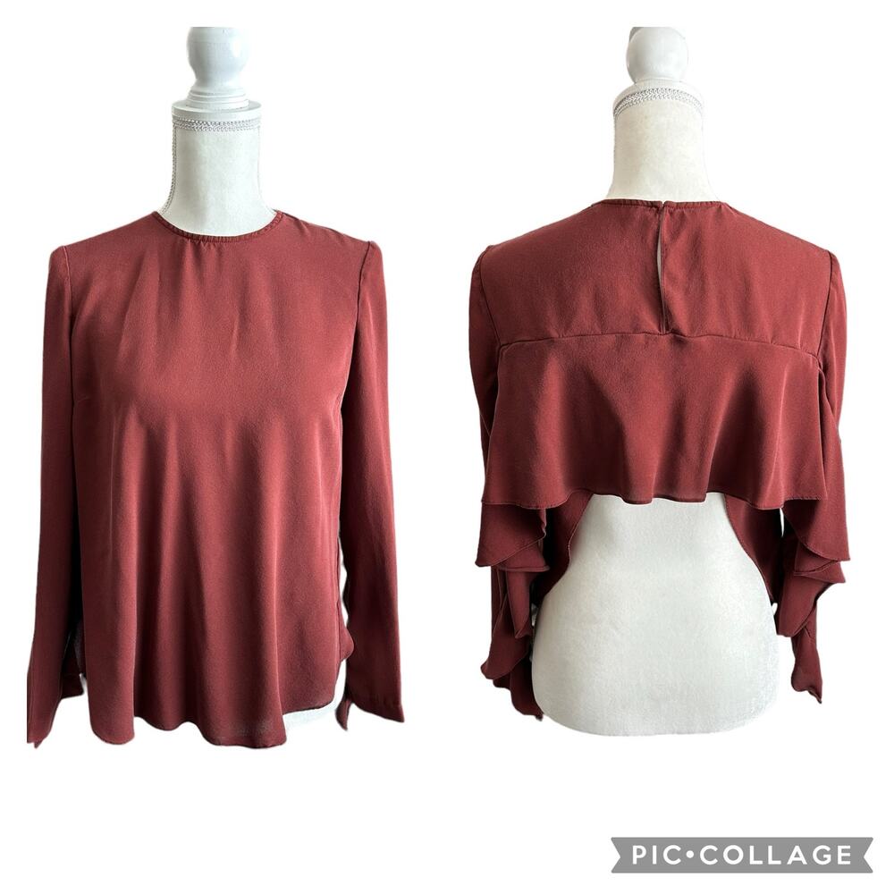 A.L.C Sally Open Back Ruffle Sleeve Silk Crepe Top Bordeaux Blouse Size 2 XS - Picture 2 of 12